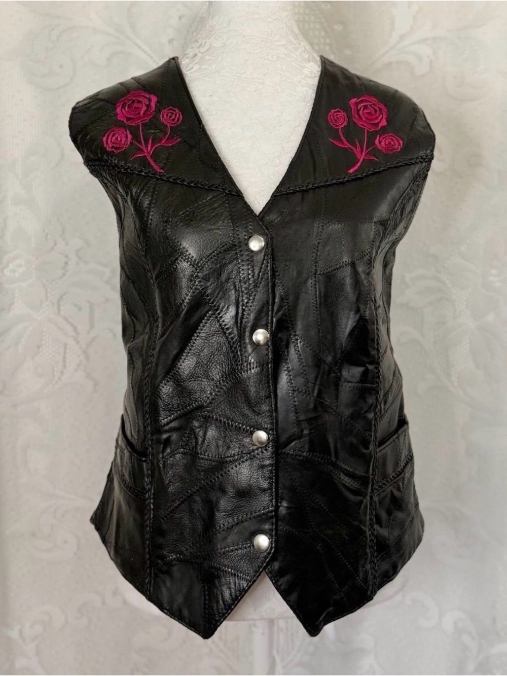 Diamond Plate Buffalo Leather Vest with Pink Rose Embroidery